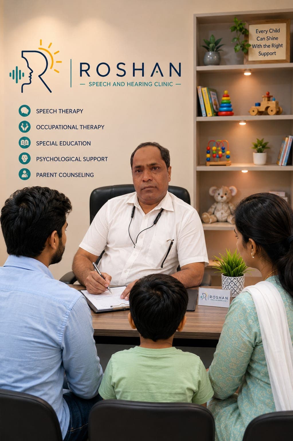 A family consulting with a clinician at Roshan Speech and Hearing Clinic