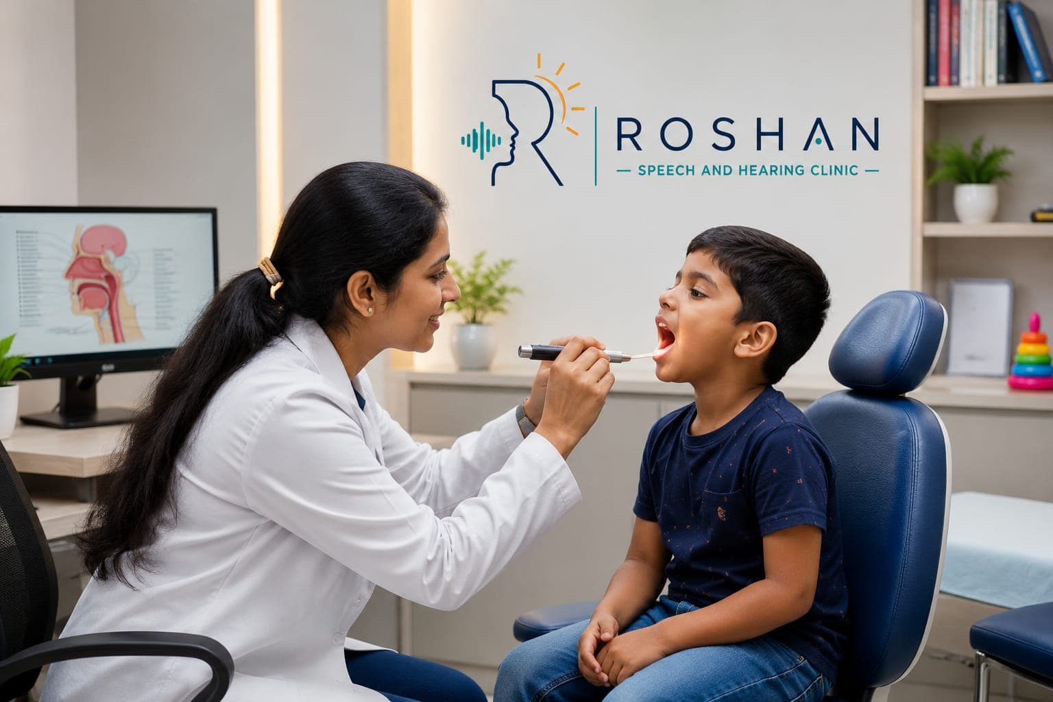 Clinician examining a young patient at Roshan Speech and Hearing Clinic
